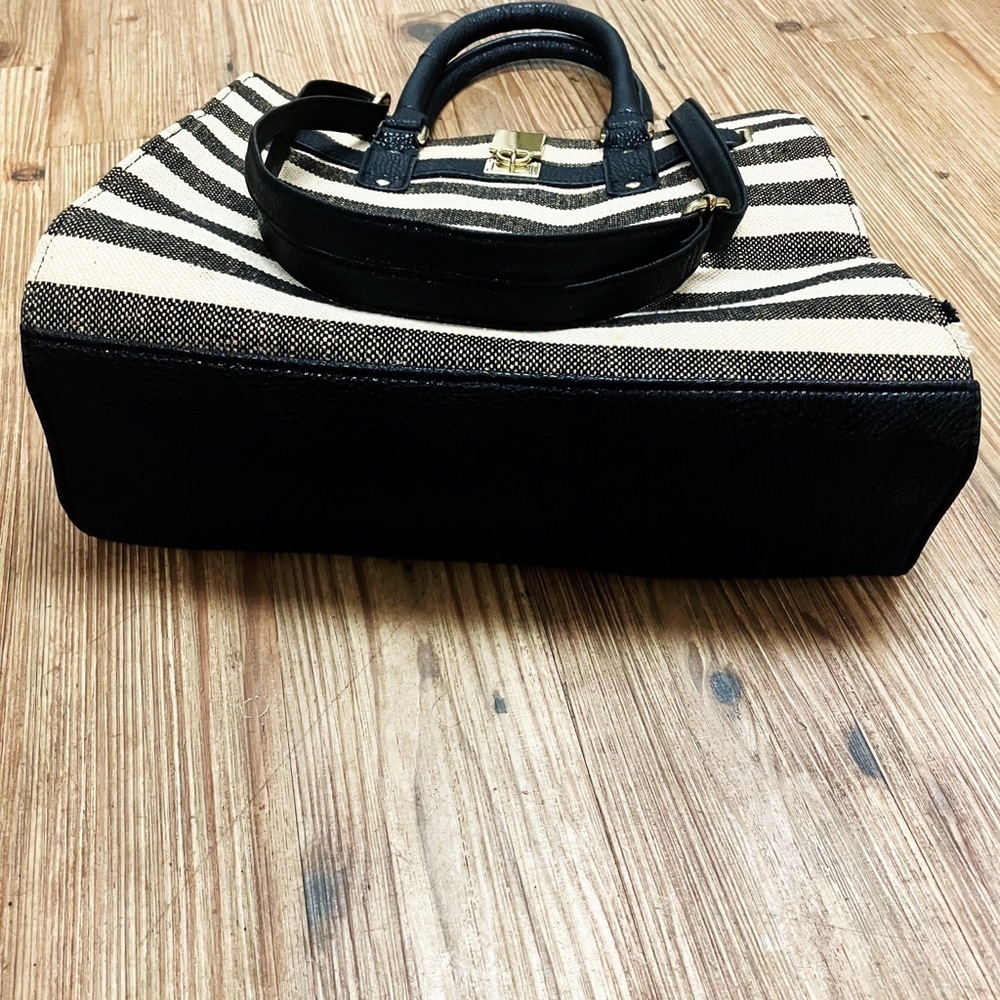 Striped Canvas Faux Leather Satchel Purse Adjustable Strap Double Handles Pocket - Picture 6 of 13